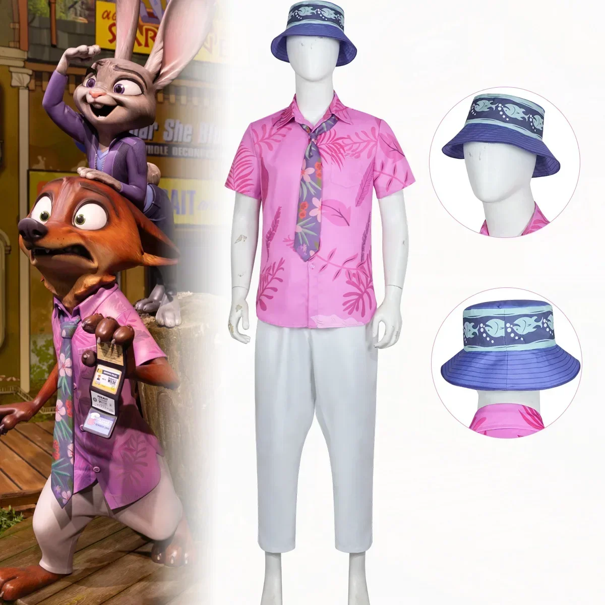 Anime Comic Con Fox Nick Wilde Cosplay Costume Men Boys Halloween Carnival Pink Leaves Printed Summer Casual T-shirt and Necktie