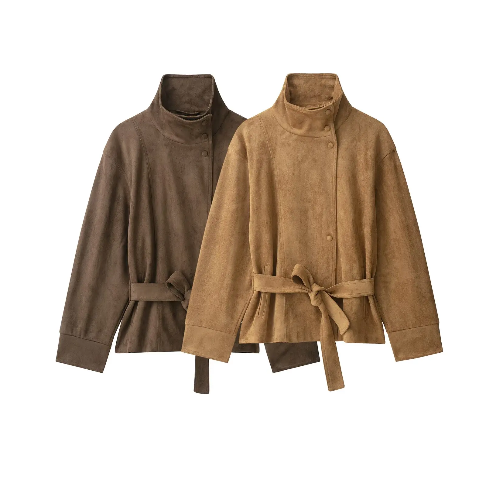 Brown Suede Belt Short Trench Coat Women High Funnel Collar Single Breasted Waist Brand Coats Vintage Autumn Commuter Jacket Hot