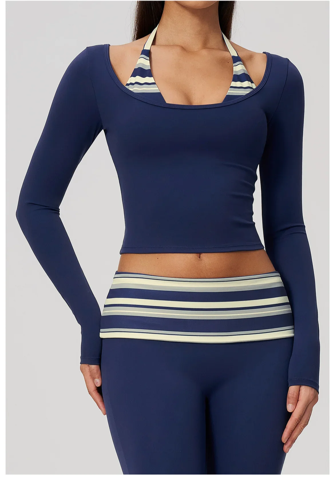 Yoga Langarm-Fitness-Top, Gym-Workout, Damen-Top mit Neckholder, Streifenmuster, kurzes, aktives Shirt, atmungsaktiv, für Sport und Training – Detail 5