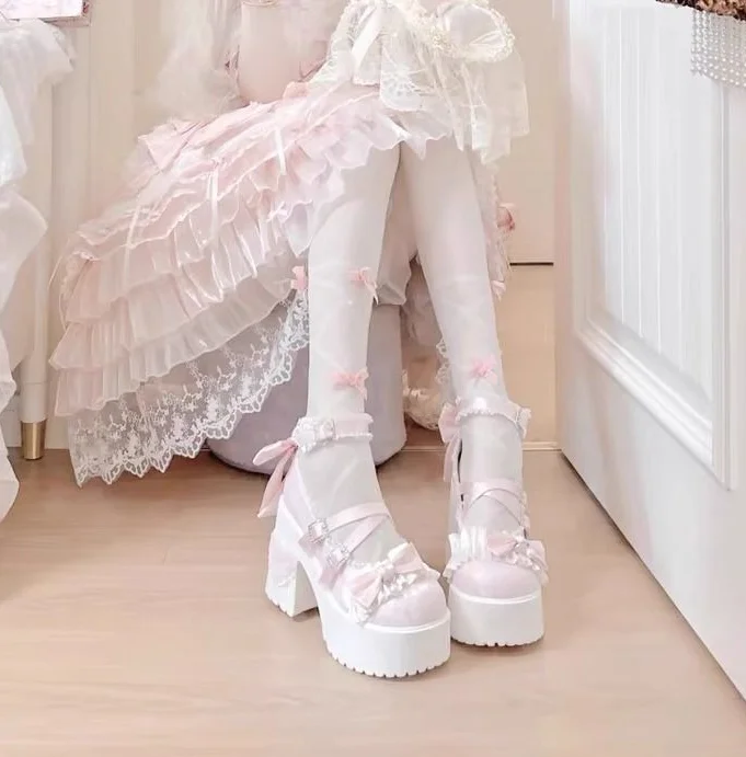 لوليتا لطيف الحلو صندل بكعب مكتنز أحذية النساء الدانتيل جولة تو أنيقة ماري جين أحذية الفتيات لوليتا تنوعا أحذية عالية الكعب