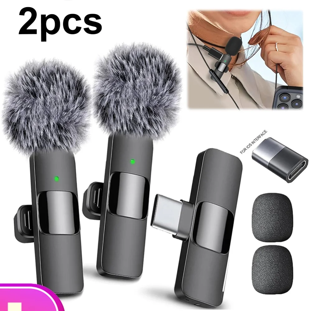 Wireless Lavalier Microphone Portable Audio Video Recording Mini Microphone for Type-C Android PC Camera Live Gaming Phone 2 In1