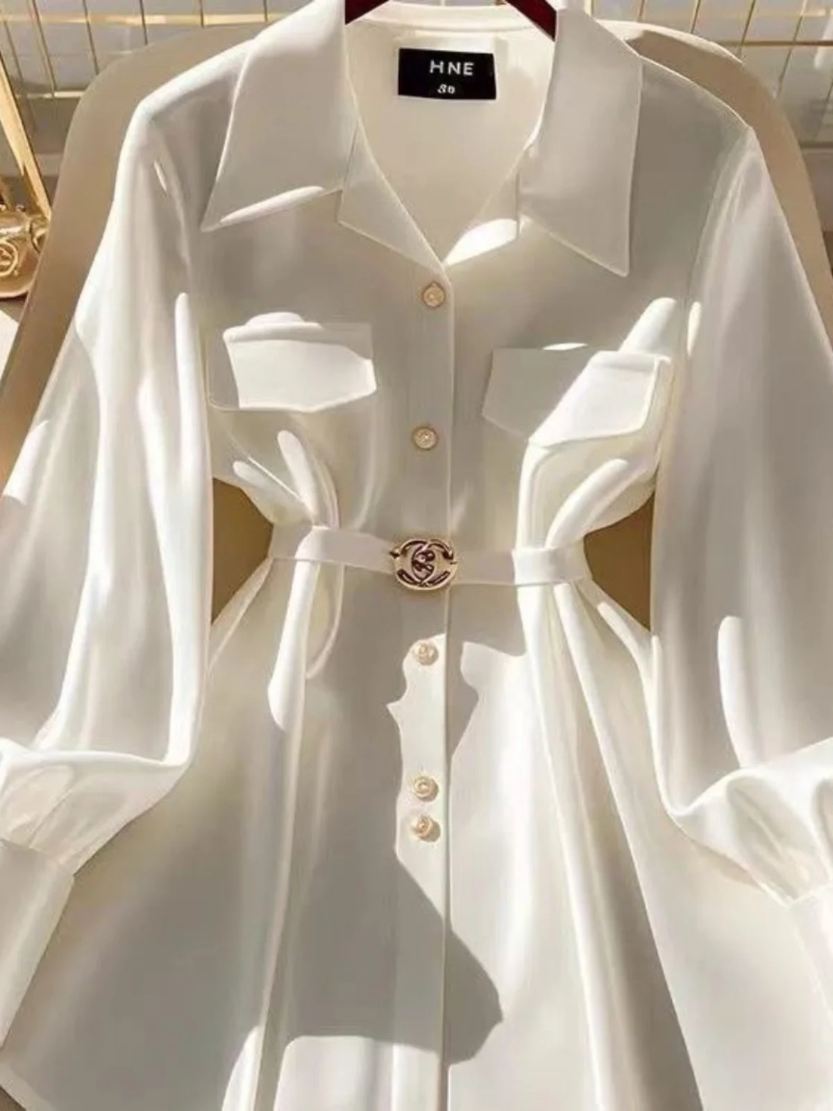 

Ele White Long Sve irt Design Sensation Small Luxury High-End Feel Early Autumn New Sle Straight Tube Commute Sle