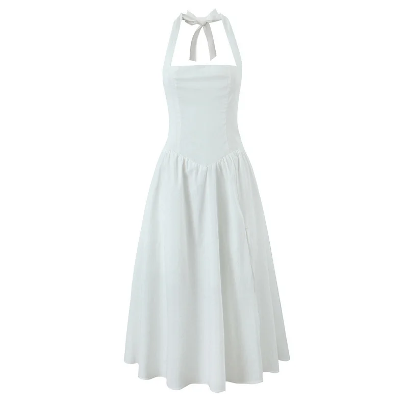 

2025New Summer French Style Temperament Simple Color Split Backless Halter Dress
