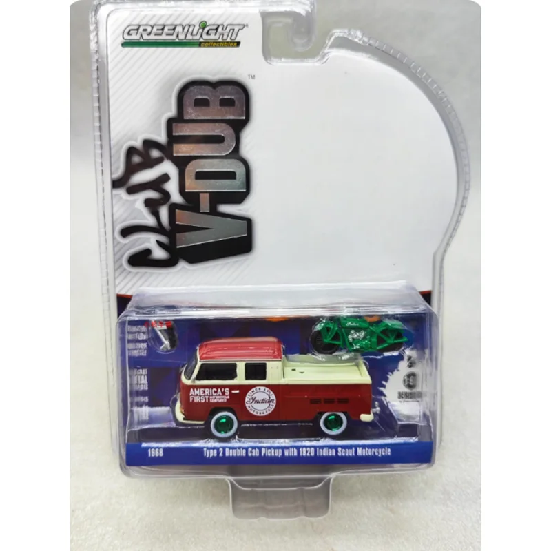 Greenlight 1:64 1968 Type 2 T2 Dubbele Cab Pickup Truck & Indian Motorcycle Legering Model Auto Jongen Gift speelgoed