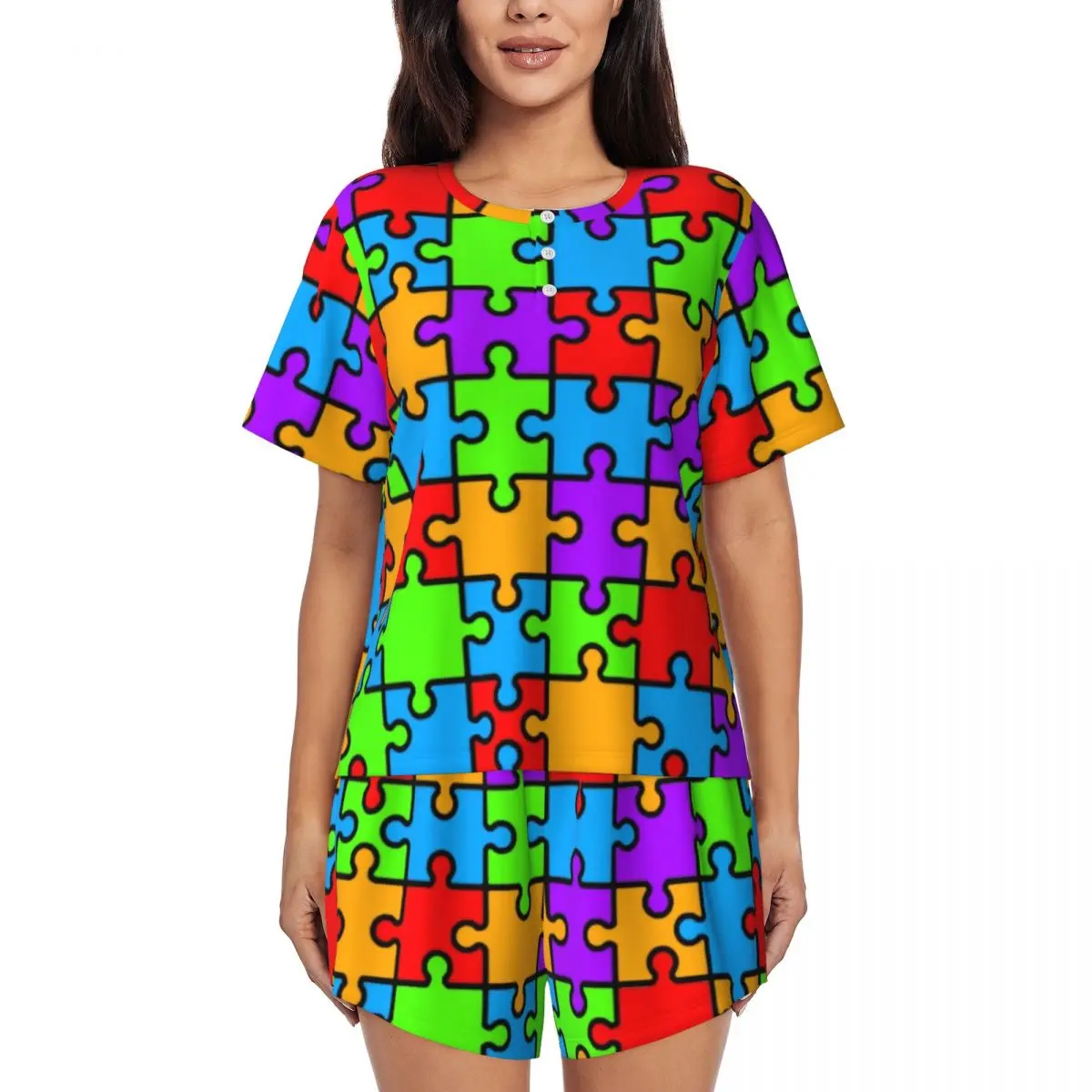 Colorful Puzzle Autism Awareness Pattern Pajamas Set Women Short Sleeve Sleepwear Loungewear 2 Piece Pjs