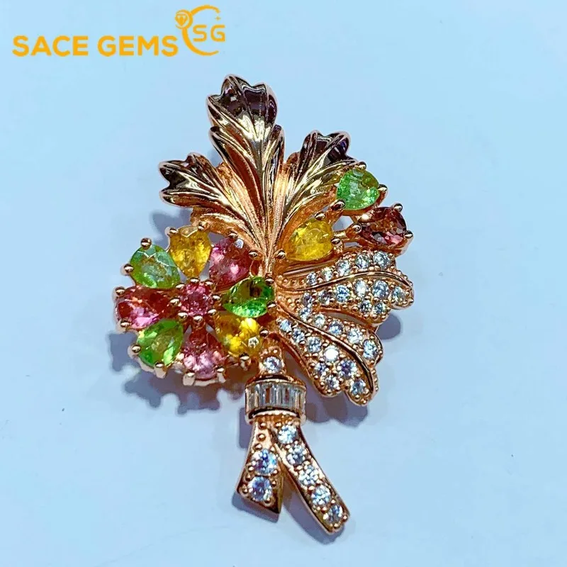 

SACE GEMS S925 Sterling Silver 3*4MM Natual Tourmaline Pendant Necklaces Brooch for Womne Engagement Cocktail Party Fine Jewelry