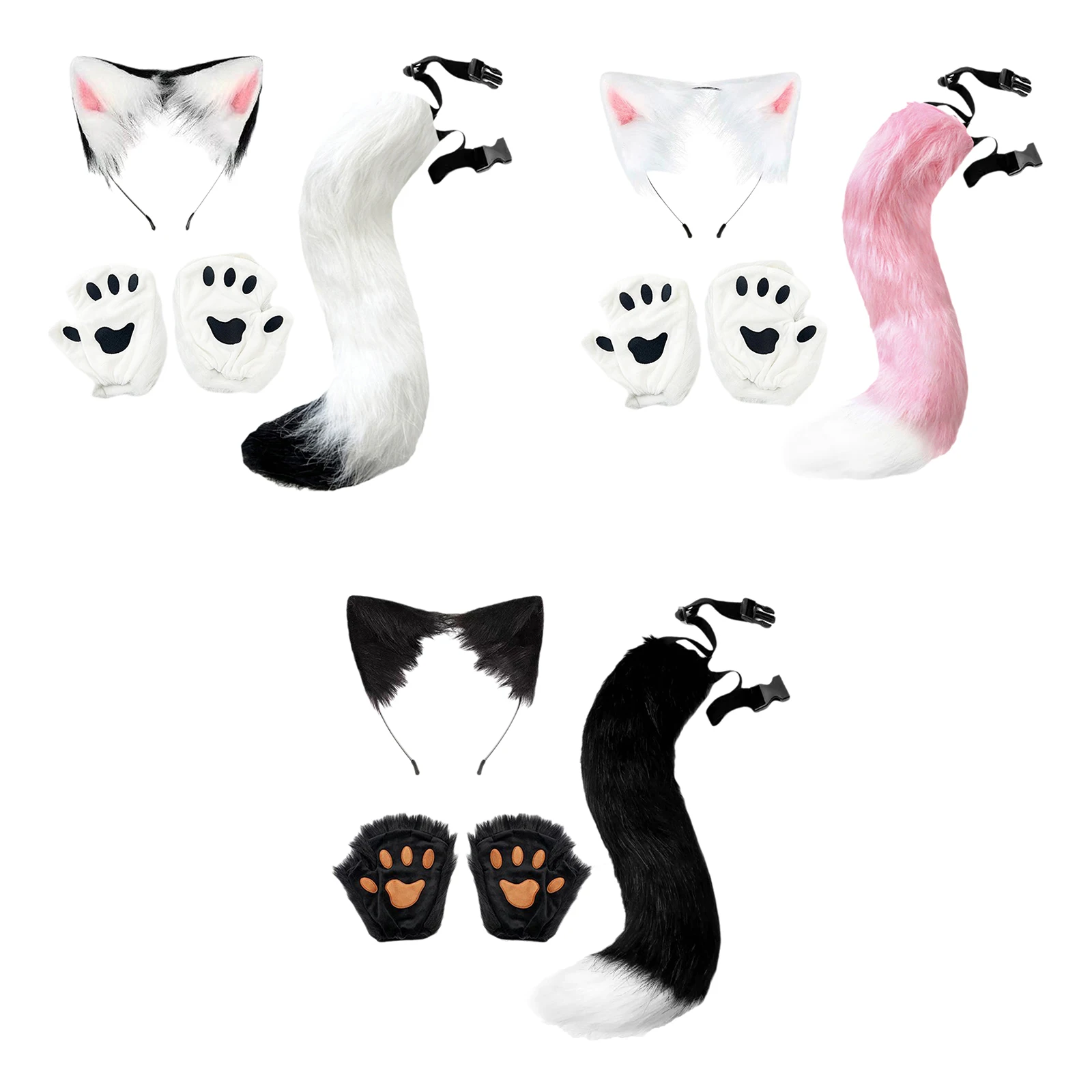 Faux Fur Cat Ears Hair Hoop with Adjustable Tail And Paw Gloves Accessories Set for Halloween Cosplay