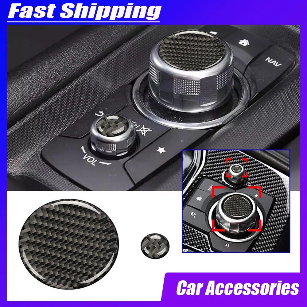 

2 шт., ручка из углеродного волокна, кнопка, крышка центральной консоли автомобиля, кнопка громкости, автомобильный мультимедийный переключатель, декоративная наклейка для Mazda