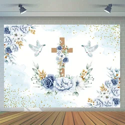 Baptismal First Communion photography background with blue floral cross, multi-purpose banner for cake table decoration