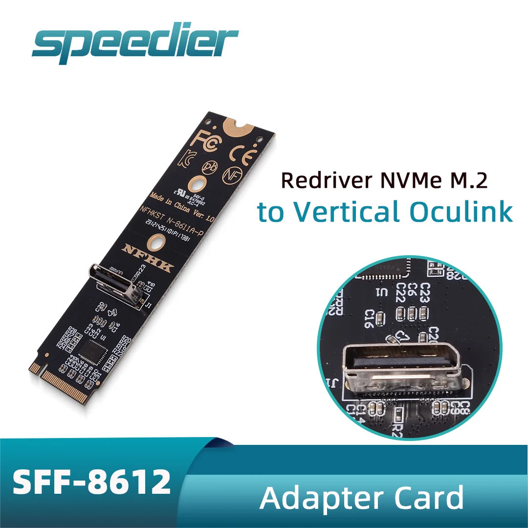 NVMe M.2 To Oculink SFF8612 Adapter Card Redriver Signal Amplifier 90 Degree for SSF-8611 to SFF-8639 Cable U.2/U.3 SFF-8639 SSD
