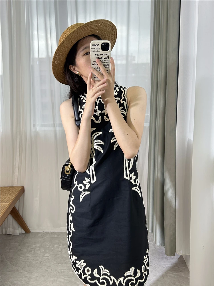 French Black Vintage Coconut Tree Embroidery Heavy Industry Modern Style Women's Sleeveless Dress self portrait dress