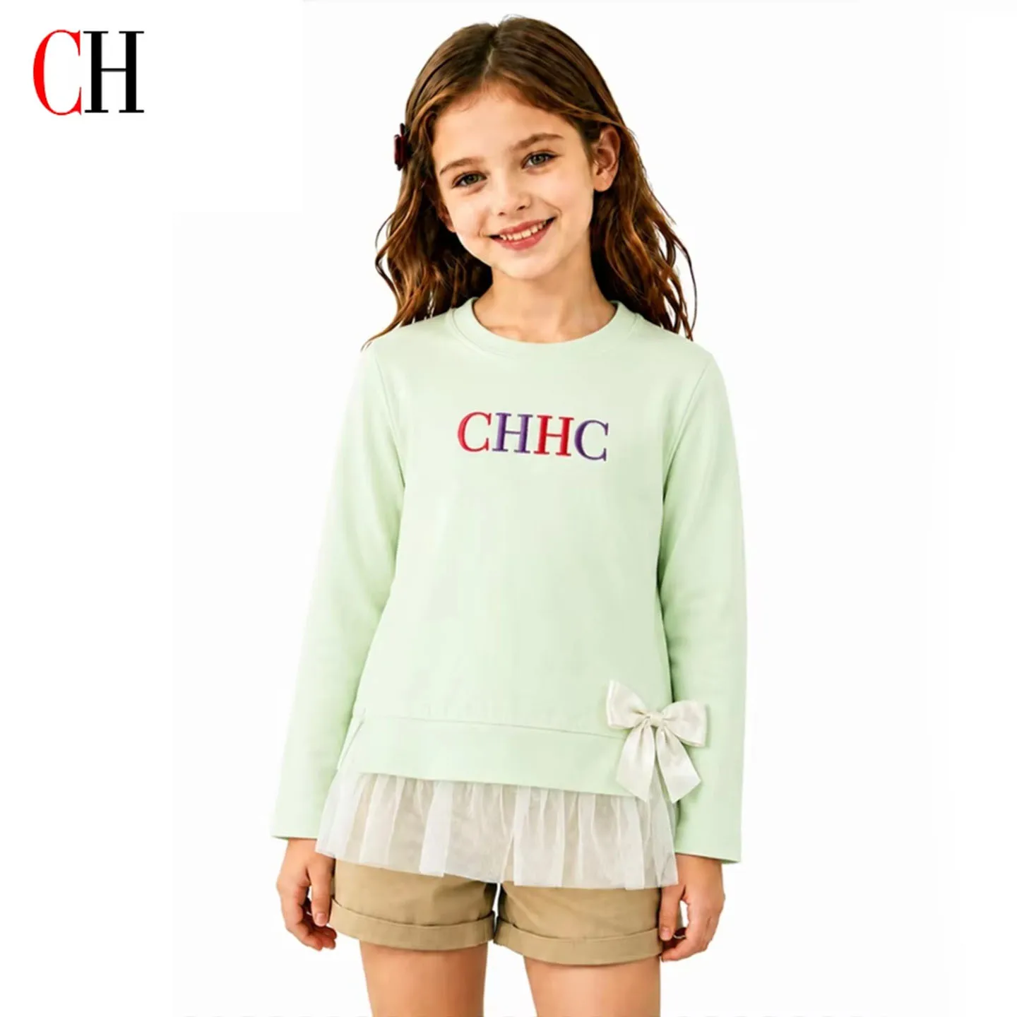 CH Girls Bow Lace Hem Sweatshirt Long Sleeve Crew Neck Letter Embroidery Casual Pullover Top Kids Spring Autumn