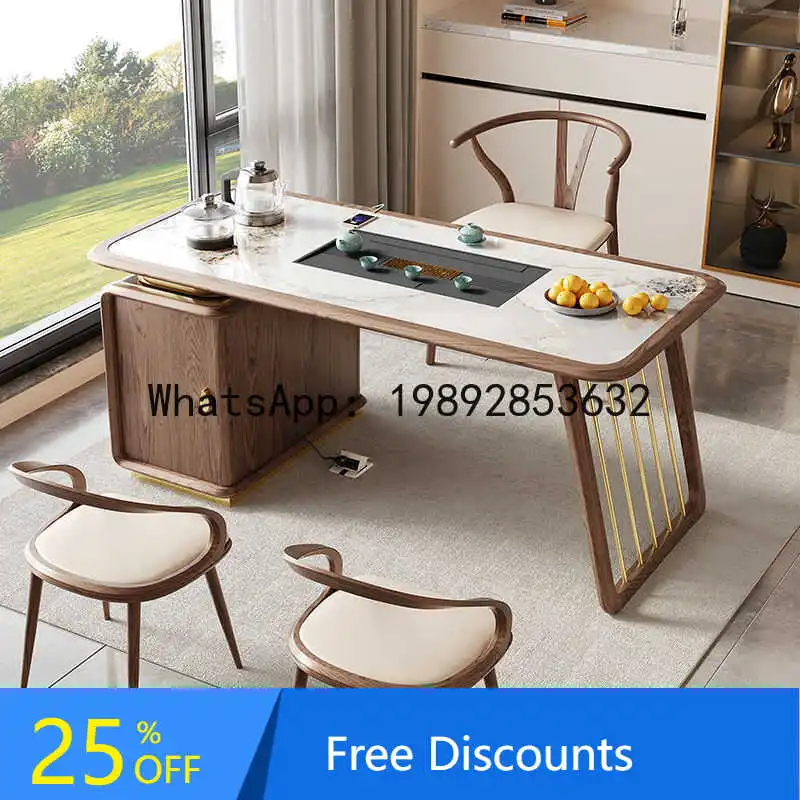 

CZ Solid Wood Tea Table Rock Board Kung Fu Tea Table Home Multifunctional White Wax Wood Zen Balcony Tea Table and Chair Set