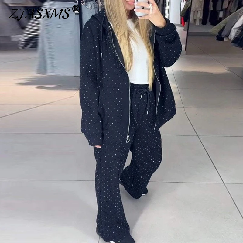 New Autumn Diamonds Shiny Sportwear Tracksuit Women Casual Zipper Sweatshirt Coat Lace-up Pant Sets Winter Long Sleeve 2pcs Suit