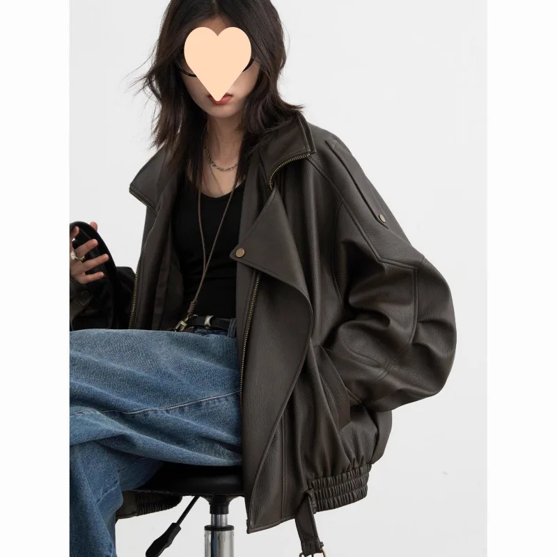 Women PU Jacket Solid New Stand Collar Motorcycle Faux Leather Coat Female Retro Buttons Decoration Jacket 2025 New Loose Top