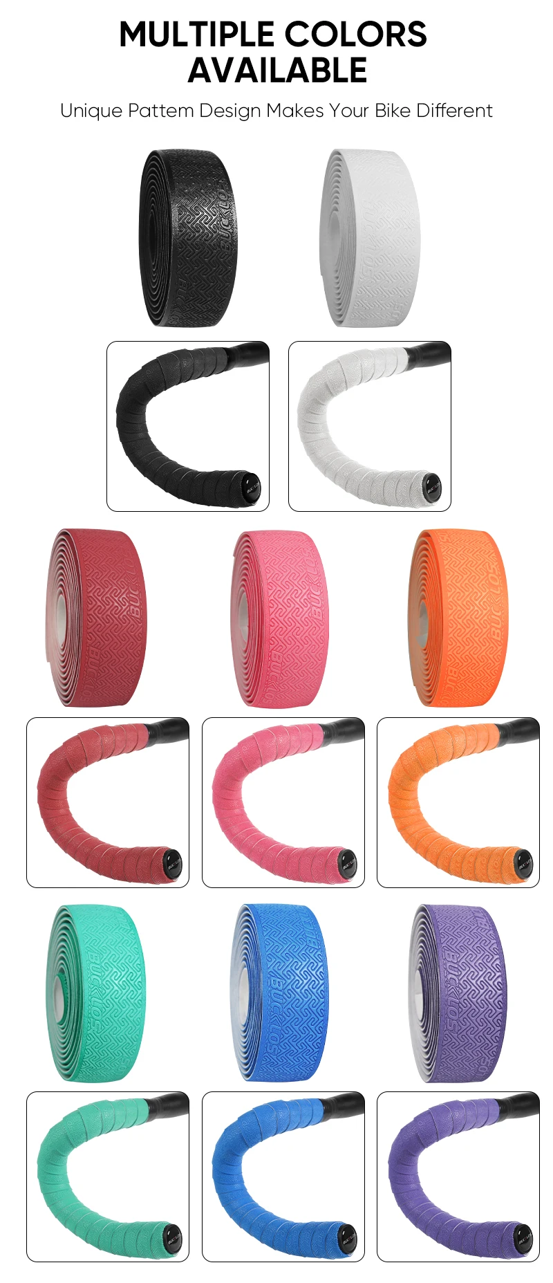 BUCKLOS Rennrad-Lenkerbänder PU Shock Fahrradlenkerband mit Lenkerendstopfen Anti-Rutsch-Anti-Vibrations-Wickelgürtel Bartape – Detail 2