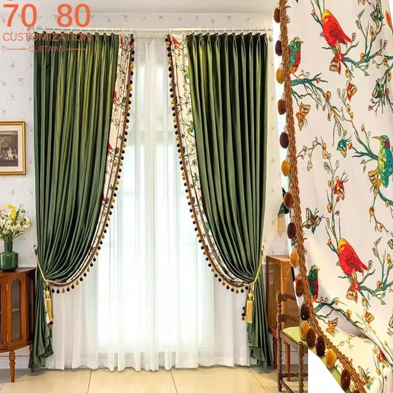 Vintage Chinese Magpie Jacquard Splicing Green Velvet Curtains for Living Room Bedroom French Window Customized Products