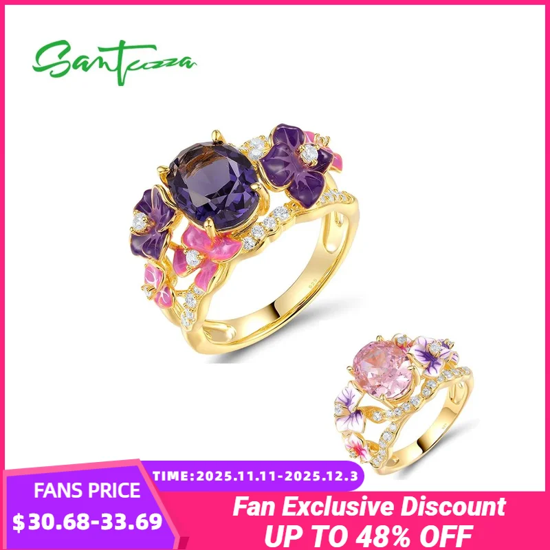 

SANTUZZA, массивное кольцо из стерлингового серебра 925 пробы для женщин, фиолетовый цветущий цветок, эмаль, модные ювелирные изделия на удачу, ручная работа