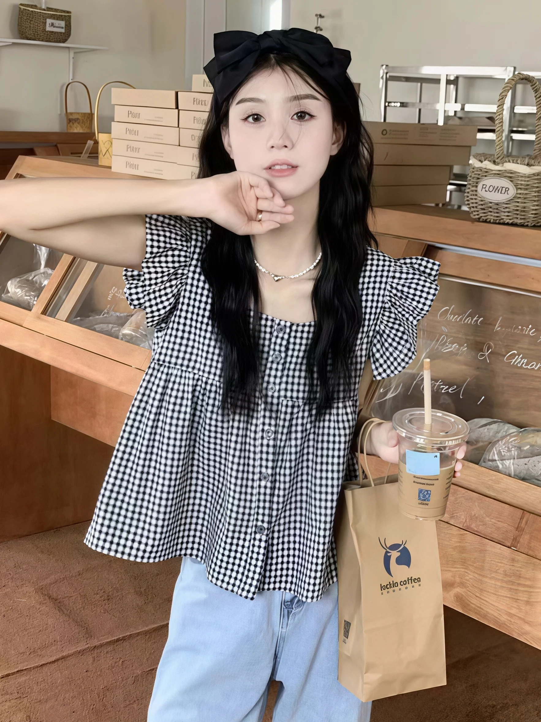 Women Summer Plaid Square Neck Blouse Ruffle Cap Sleeve Loose Babydoll Shirt Korean Sweet Casual Short Crop Top Ladies Daily
