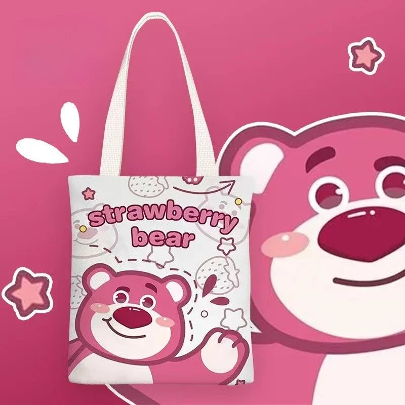 Cartoon Canvas Reusable Tote Bag Kawaii Lotso Disney Portable Storage HandBags Shoulder Bag for Women and Girl Kids Shopping