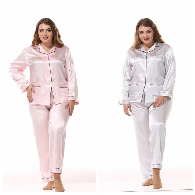 Sleeved Cardigan Loose Two Piece Female Nightwear Women\'s Sleepwear  Large Size Ladies Silk Pajamas Set Long