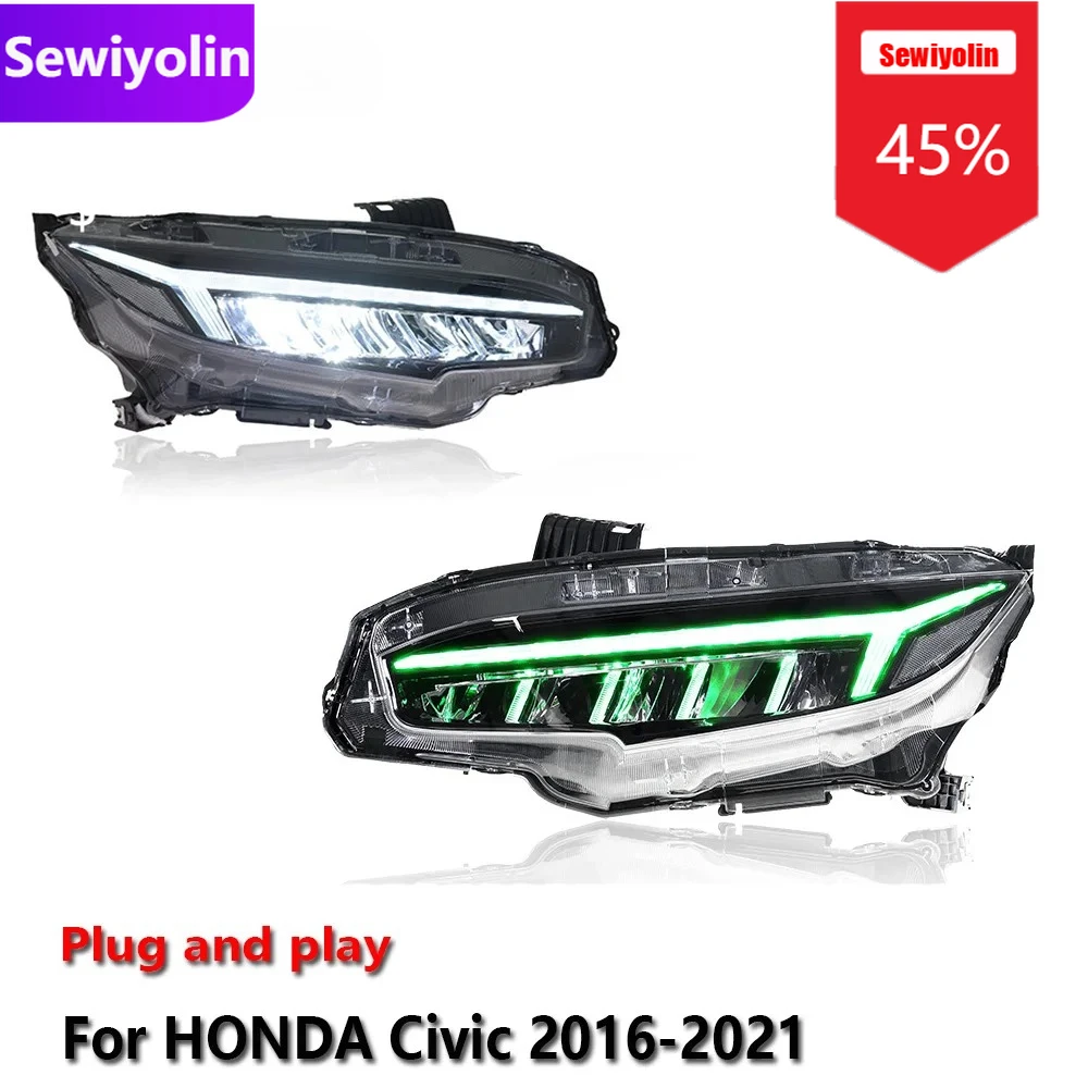 

Автомобильные светодиодные фары DRL в сборе для HONDA Civic 2016-2021, противотуманные фары DRL, стоп-сигнал поворота, лампа Plug and Play