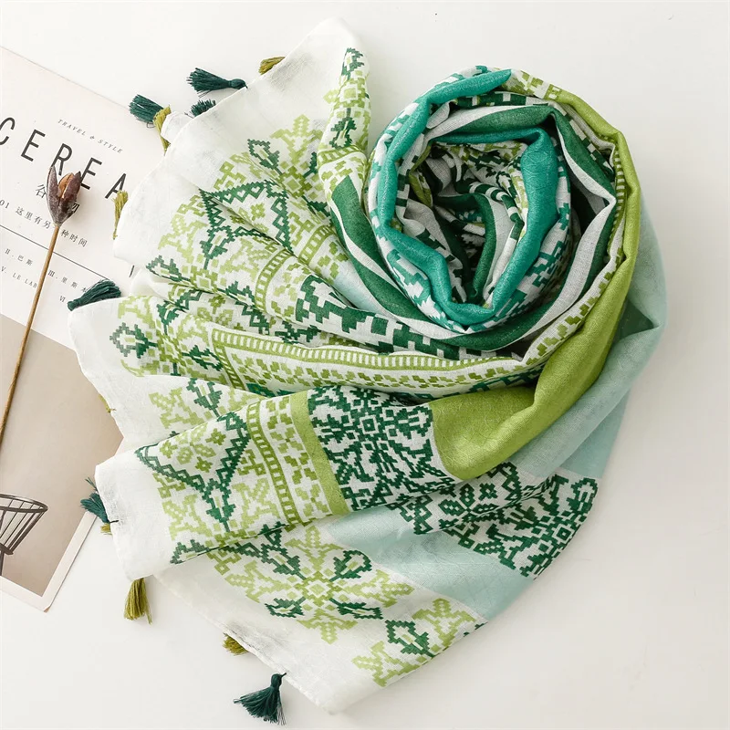 Hot Sale Printed Hijab Scarf Soft Tassels Viscose Shawls Green  Scarf Muslim Hijab Long Wraps Turban Shawls Accessories