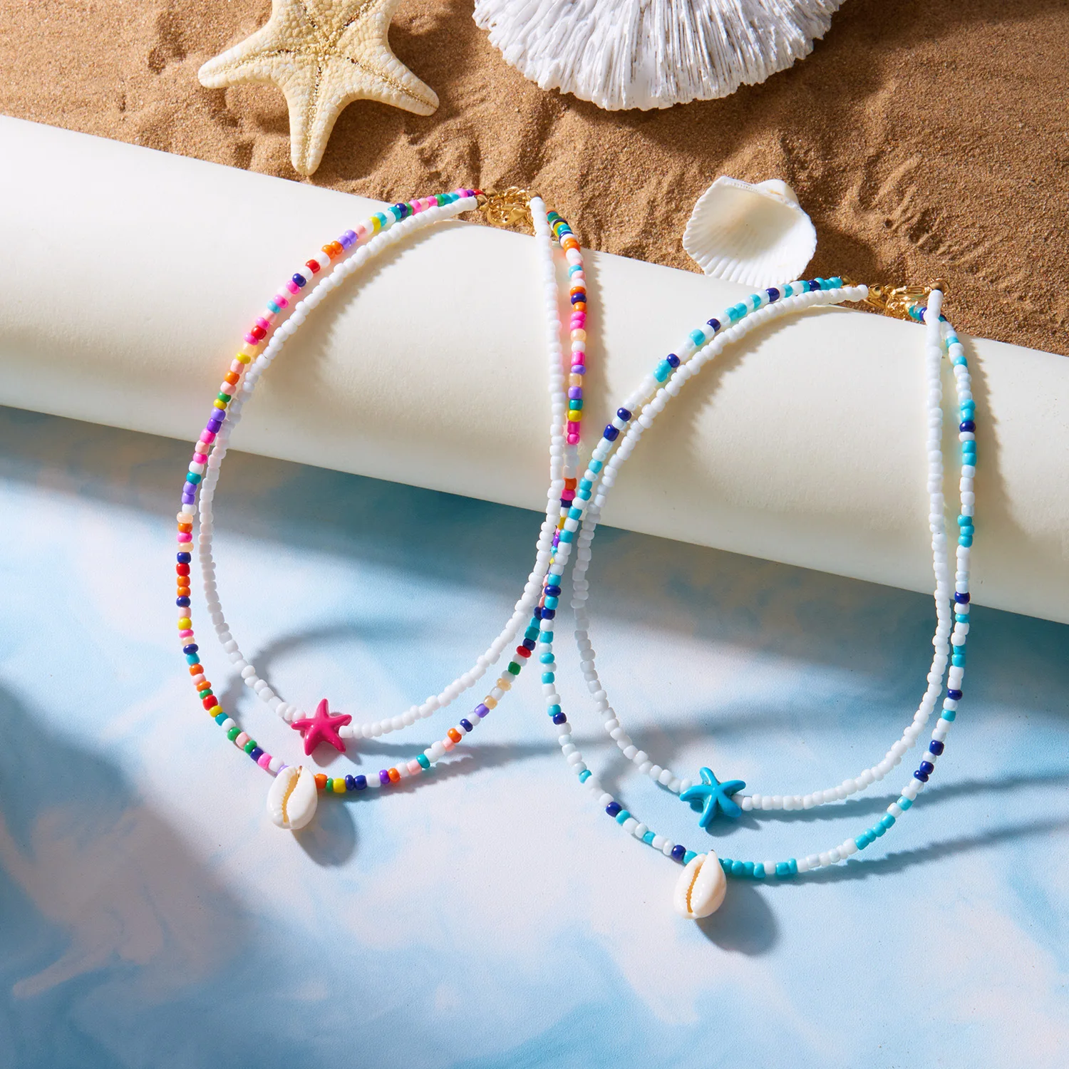 

Summer fashion double-layer starfish shell bead multi-functional necklace for women in Europe and America