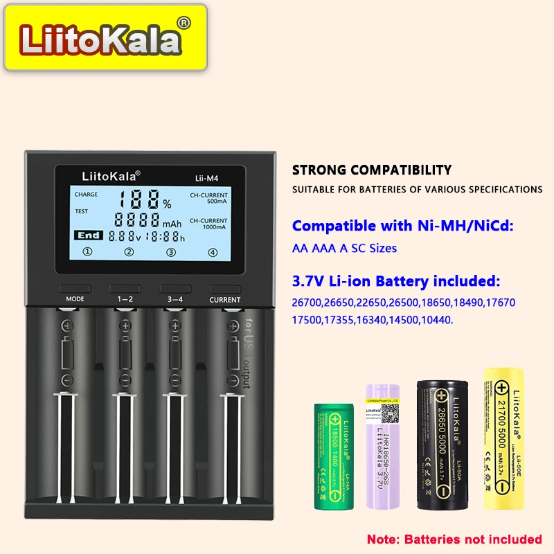 LiitoKala Lii-M4 18650 26660-oplader met aparte capaciteit/LCD