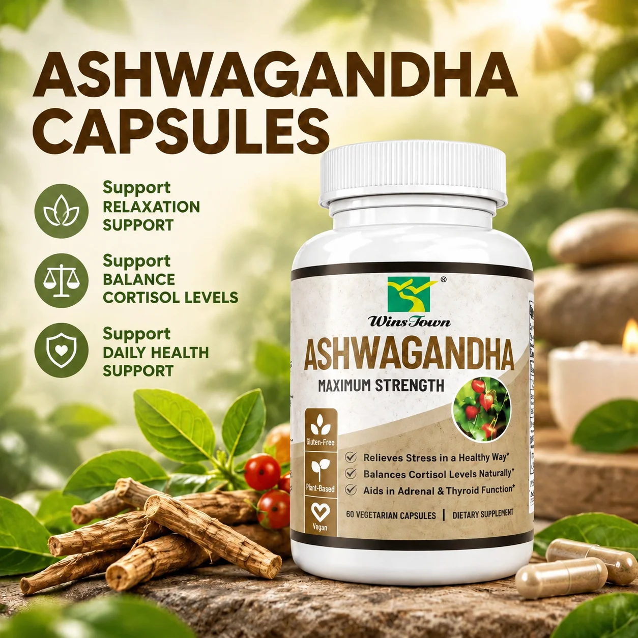 Ashwagandha Capsules Supports Qualify Sleep Muscle Strength Recovery Thyroid Balance  Vitamin C Zinc D2 60pcs Office Workers