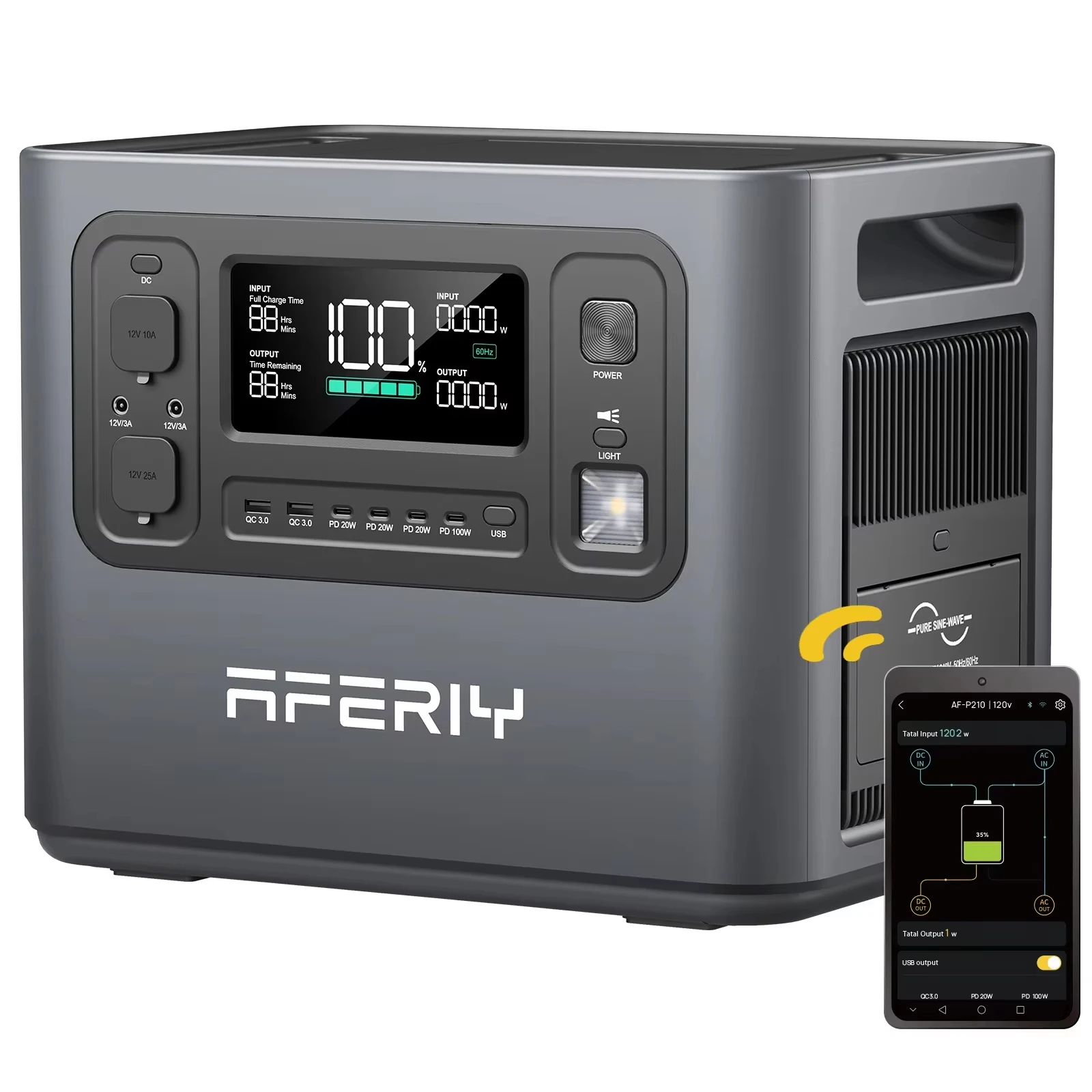 AFERIY P210 Draagbare Power Station 2400W Zonne-energiegenerator 2048Wh LiFePO4 Batterij Noodstroomvoorziening voor thuis, auto, buitengebruik, kamperen, mobiele stroomvoorziening