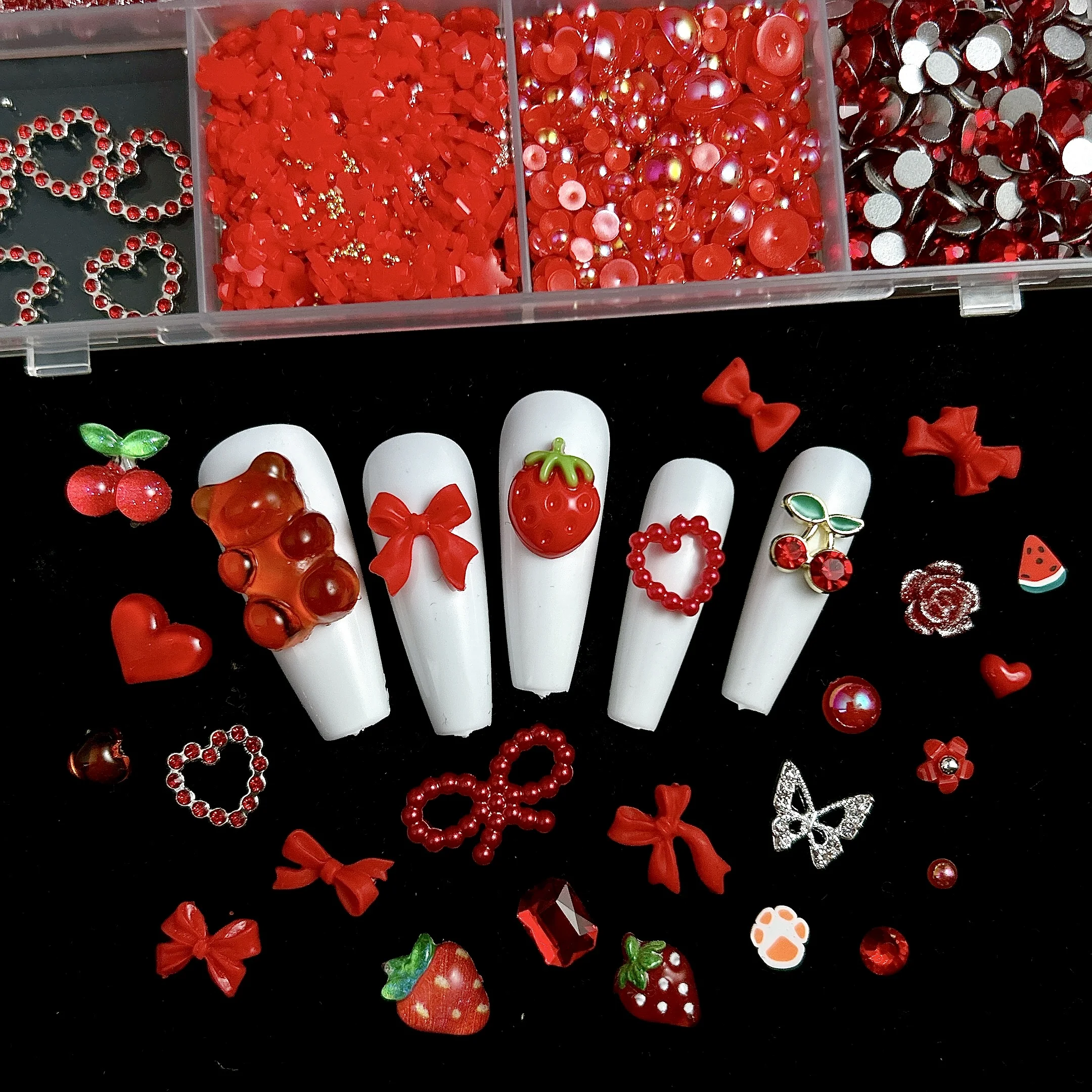 3Dレジンミックスネイルチャーム,マニキュアアクセサリー,赤いハート,クマ,バラ,イチゴ,赤,装飾,DIY, 1箱