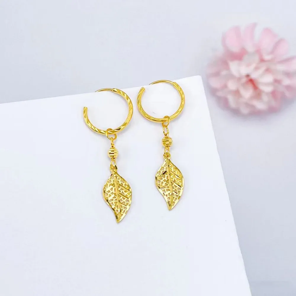 Real Pure 999 24k Yellow Gold Hoop Women Lucky Bead Hollow Leaf Dangle Earrings 2.21g