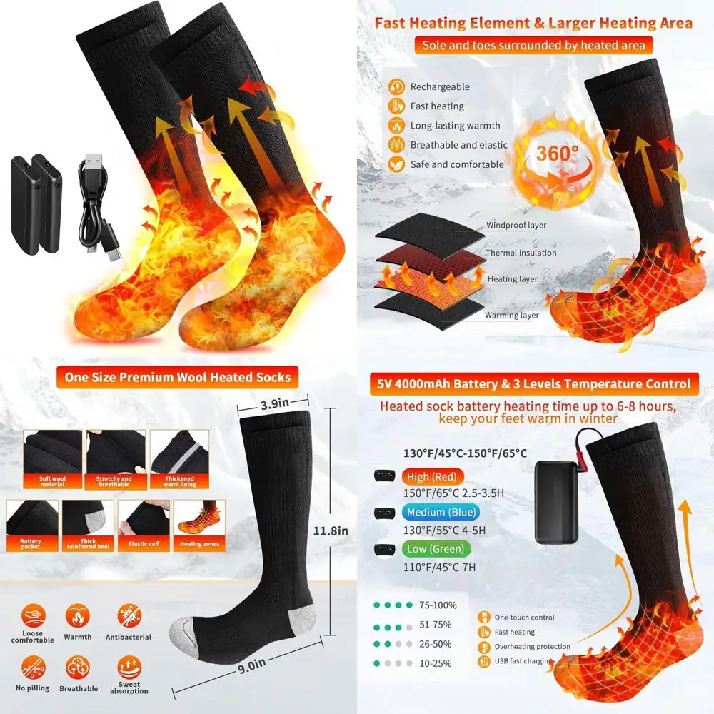 جوارب ساخنة للرجال والنساء، جوارب تسخين كهربائية 3 مستويات تسخين مع بطارية 4000 مللي أمبير * 2 قابلة لإعادة الشحن، جوارب قابلة للغسل في الغسالة #1