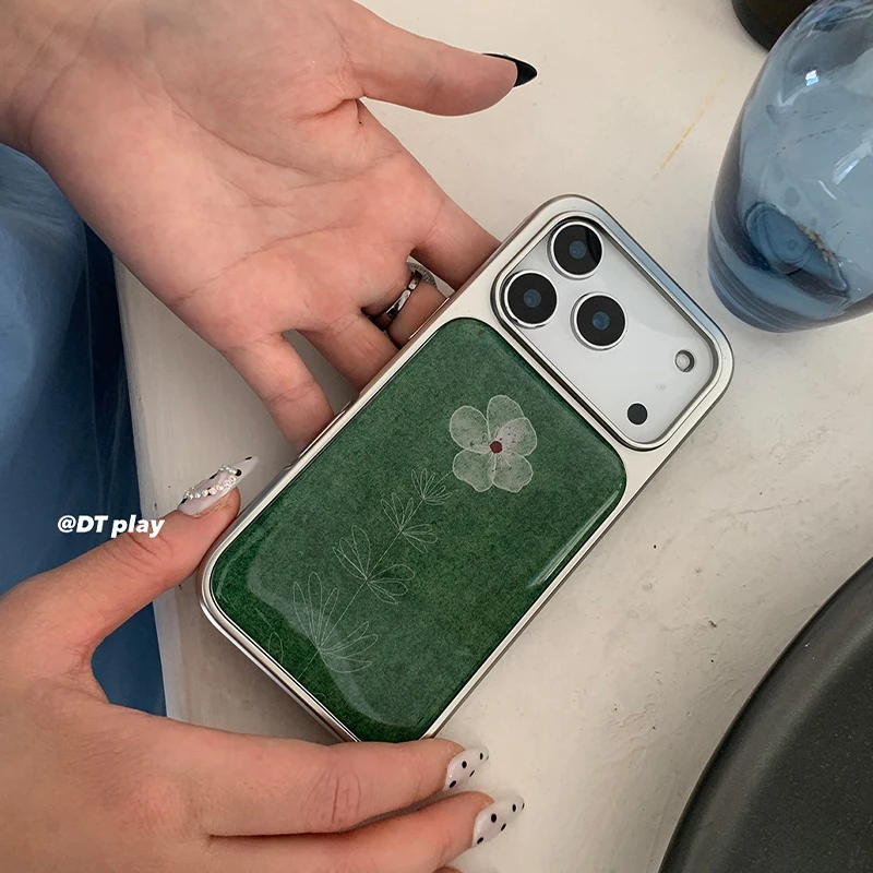 Ins Green Chamomile Small Flowers Electroplated Drip Glue Phone Case For iPhone 17 Air 16 Pro Max 15 14 Plus 13 12 11 Back Cover