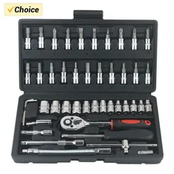 46Pcs Car Repair Tool Kit 1/4-Inch Socket Set Car Repair Tool Ratchet Torque Wrench Combo Auto Repairing Set Mechanic Tool