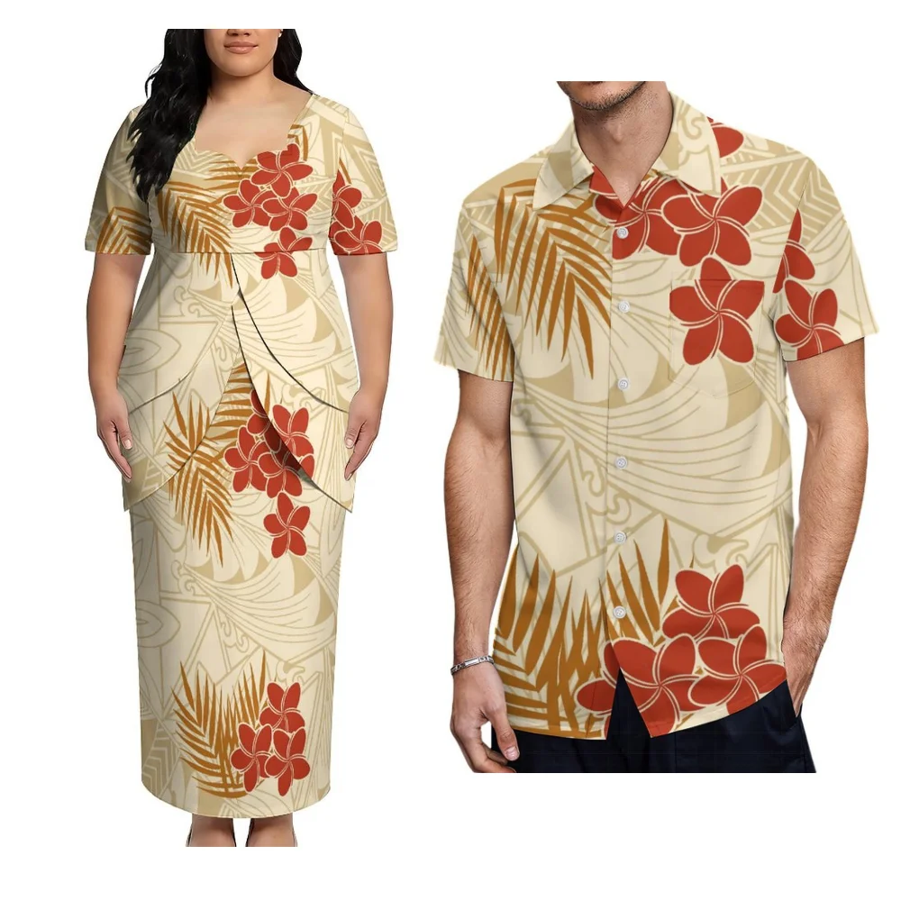 Novo Conjunto de Verão para Casais: Vestido Feminino e Camisa Aloha Masculina para Festa de Coquetel Polinésia Puletasi na Praia e Vestido de Noite