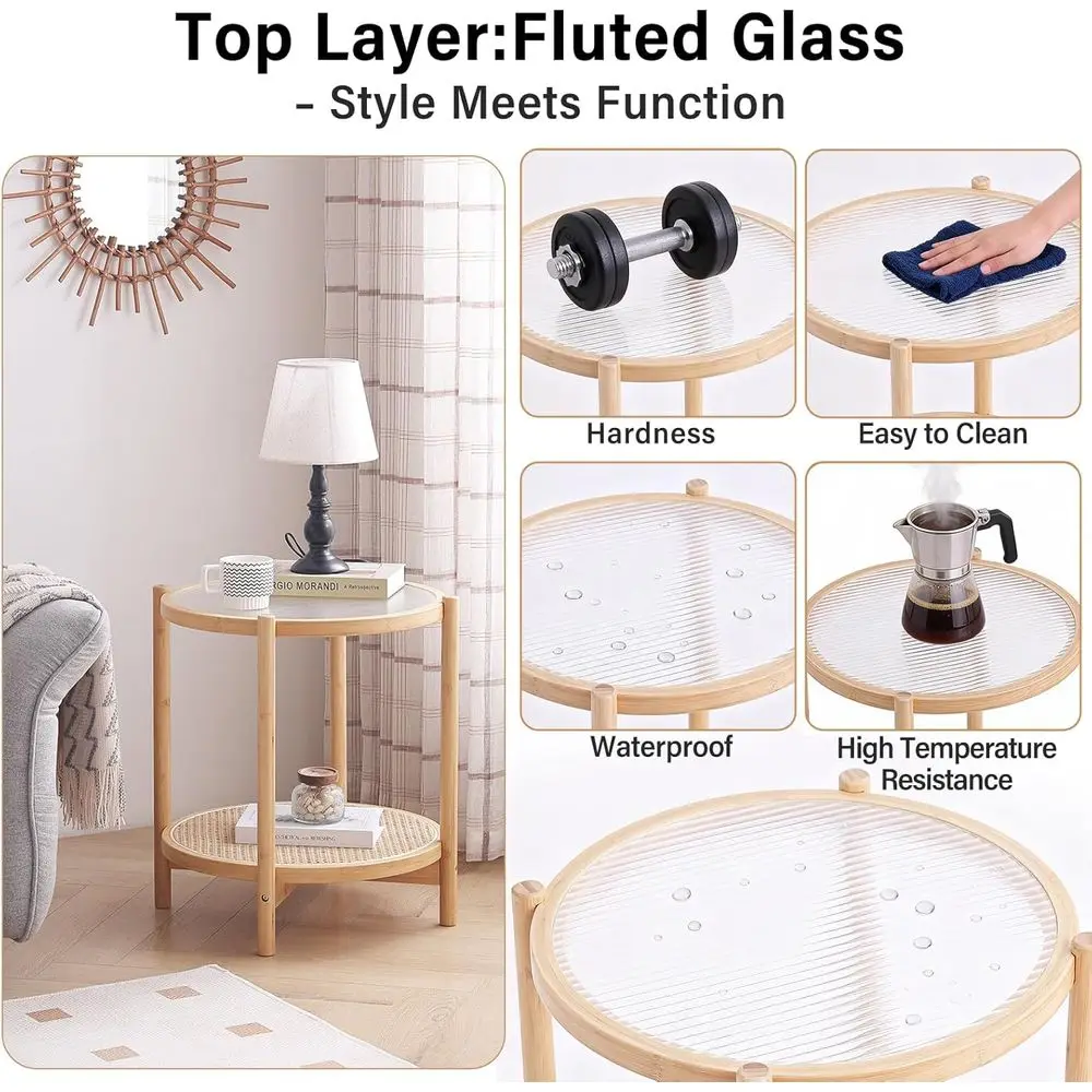 طاولة قهوة مستديرة حديثة من الخيزران، 19.7 طاولة جانبية صغيرة مع سطح زجاجي، مناسبة لمساحات المعيشة الداخلية والخارجية
