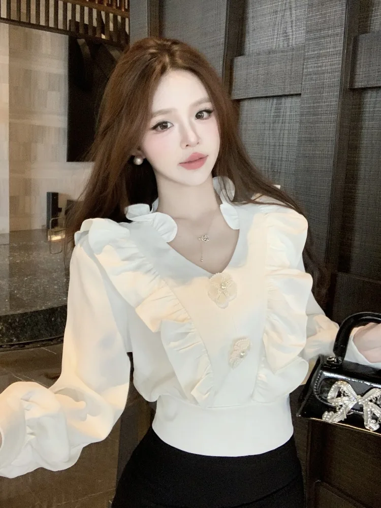 

Autumn Winter Long Sleeve V Neck Slim Fit Shirt Pure Color Versatile Short Top Design Sense Blouse Korean Style Commute Wind