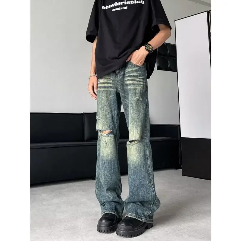 Juspinice Summer Hole Washed Jeans Men Harajuku High Street Baggy Wide Leg Straight Denim Pants Gothic Distressed Jean Trousers