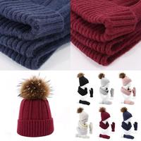 R1WE 3pcs Men Women Knitted Beanie Hat Scarf Gloves Set Thick Winter Warm Fake Ball Pom Pom Cap Neck Warmer