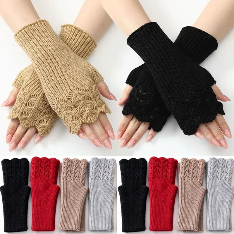 Winter Women Maple Leaf Pattern Knit Fingerless Black Gloves Keep Warm Half Finger Arm Warmers Office Typing Glove Accessories
