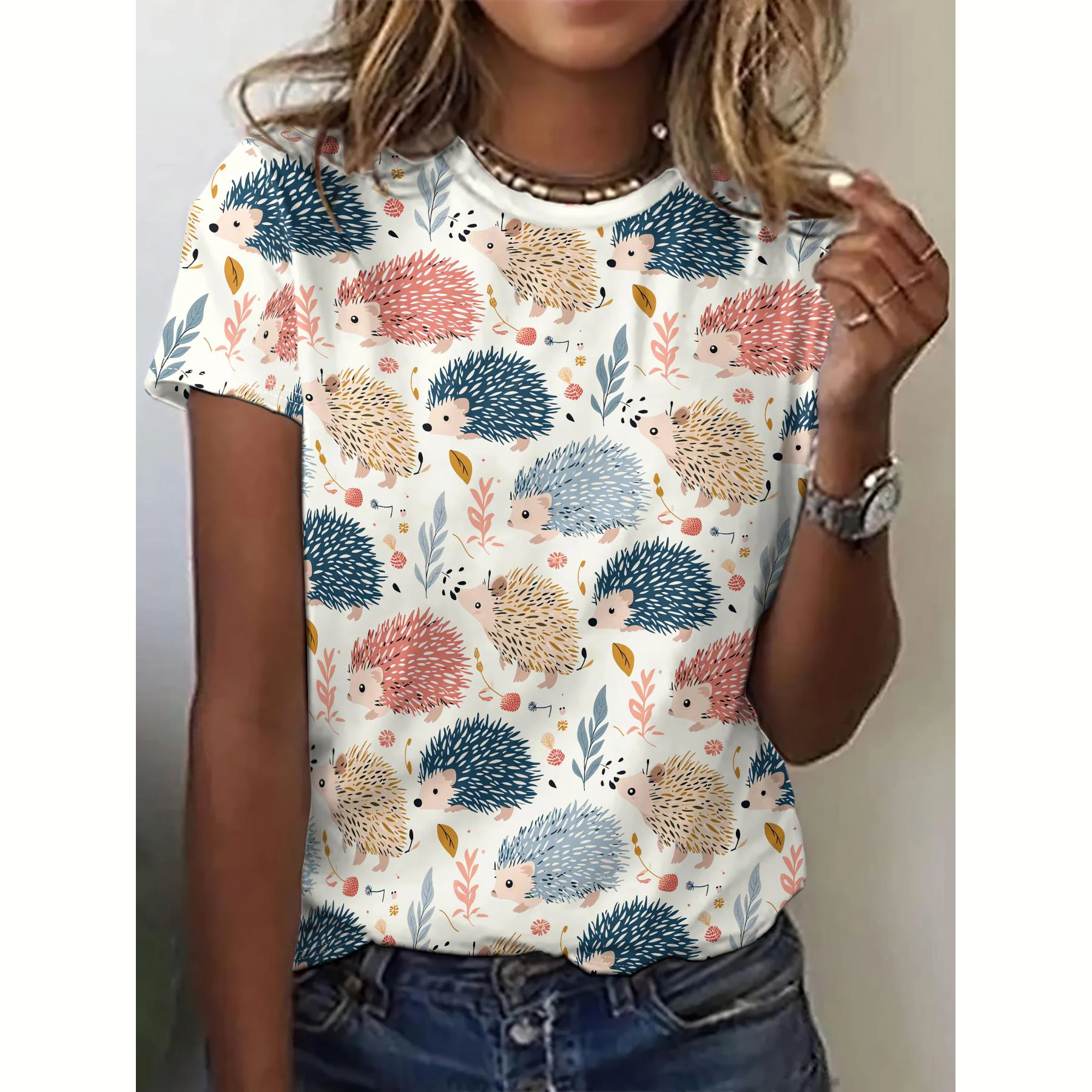 

Summer Women's T Shirt Animal Hedgehog Print Casual O-Neck Short Sleeve Pullover Daily Outdoor Female T-Shirt Plus Size Clothing