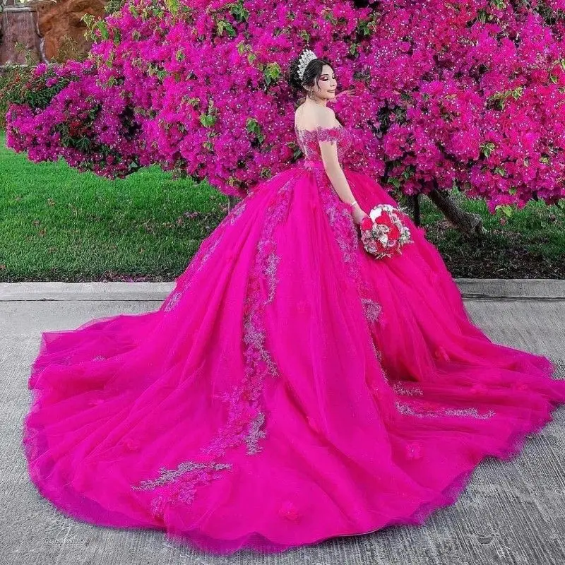 Lorencia Shiny Quinceanera Dress Mexican Sweetheart Lace 3DFlower Puffy Ball Gowns Applique Sweet 16 Vestidos De XV Anos YQD366