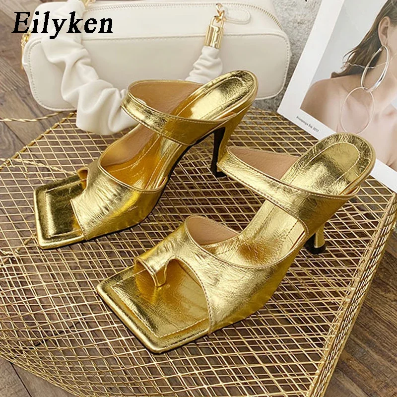 Eilyken New Summer Wedding Party Women Slippers Fashion Square Clip Toe Narrow Band High Heels Slides Female Shoes