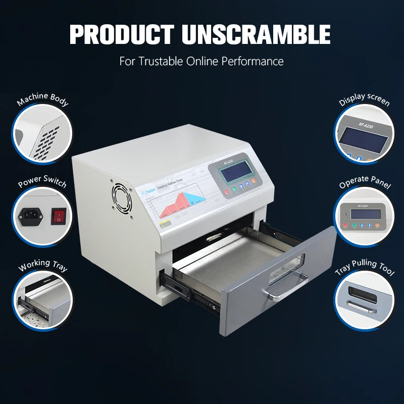 

RF-A250 250*200MM Desktop Drawer Reflow Oven Hot Air Circulation Soldering Machine for SMT PCB Assembly Desktop Reflow Solder