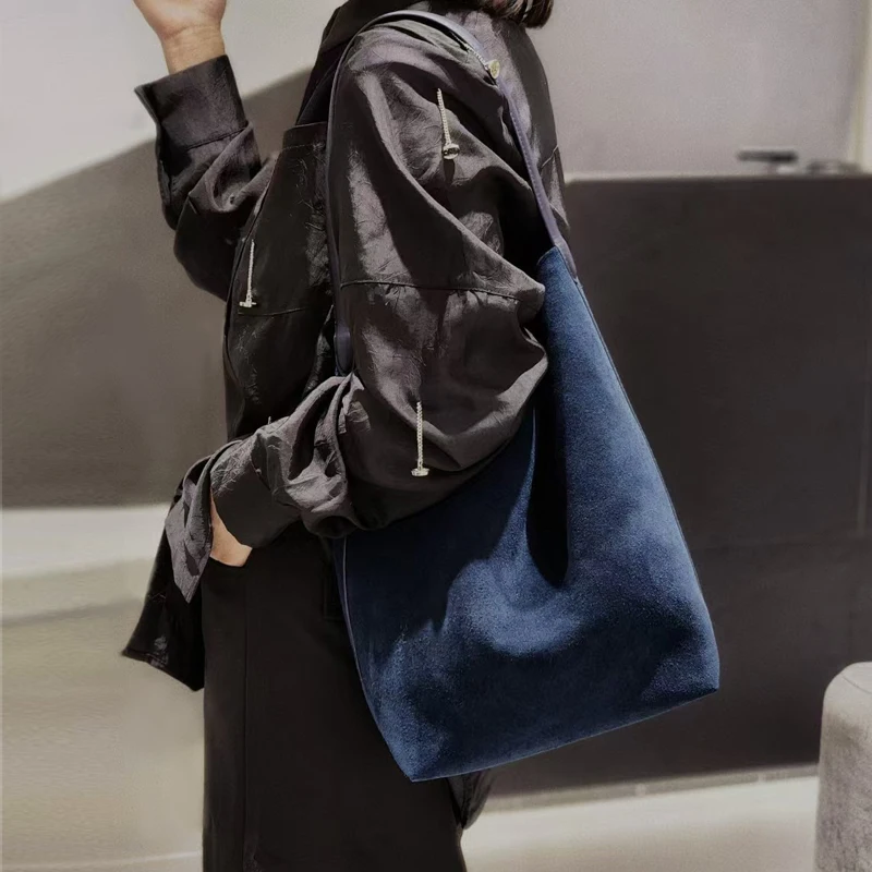 Luxury Suede Genuine Leather Lady Tote Underarm Shoulder Bag,High End New In Large Capacity Cow Leather Bucket Handbag for Women