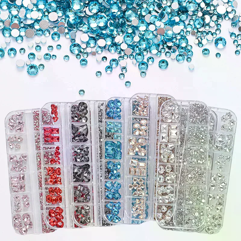 Arte de uñas con diamantes de imitación, 12 rejillas, gemas de cristal planas coloridas, decoración de manicura DIY, diamante de uñas 3D para maquillaje, uñas y manualidades