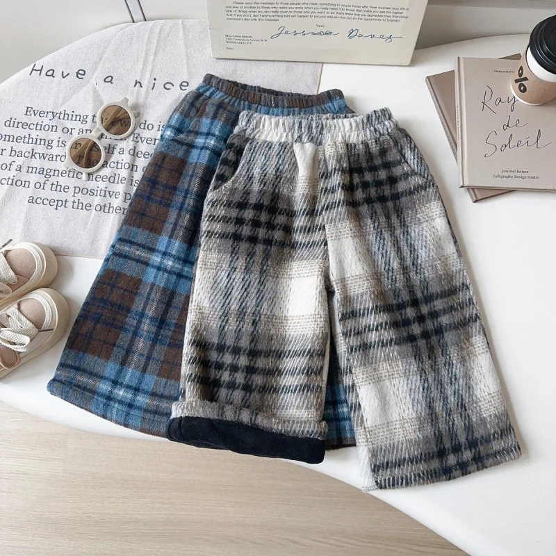 

2025New Winter Baby Girl American Retro Plaid Pants Elegant Girl Fleece Lined Thickened Casual Wide-Leg Pants
