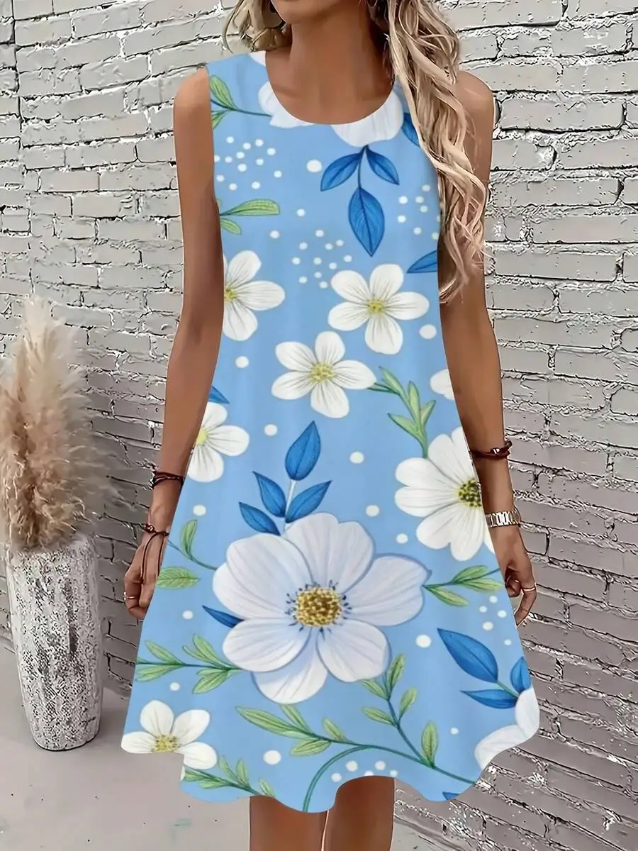 

Womens Sleeveless Floral Print Dress Blue White Round Neck Loose Fit Summer Casual